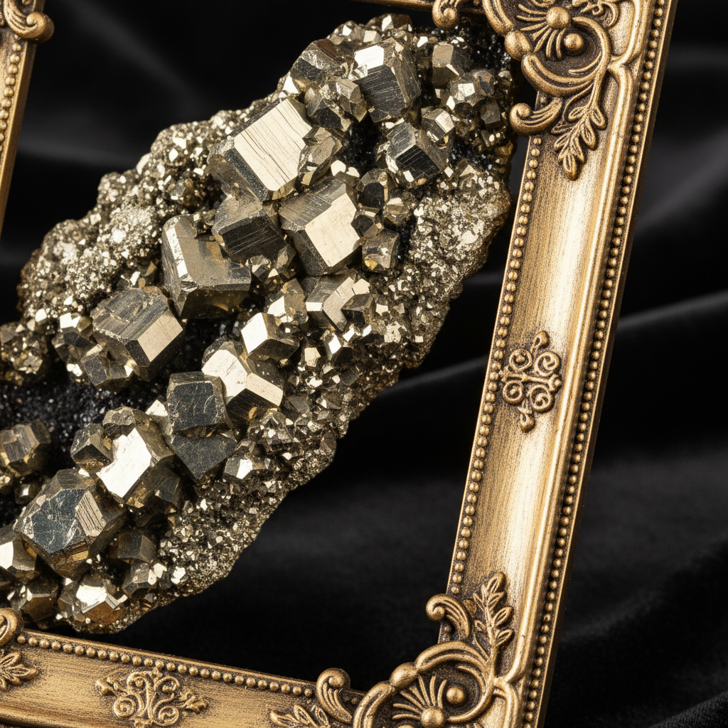 Close-up of raw pyrite crystals in prosperity frame