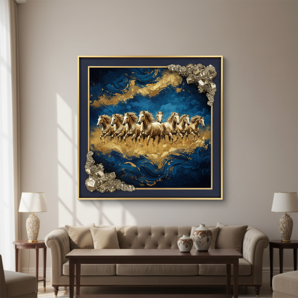 7 Horses Prosperity Frame with raw pyrite crystals